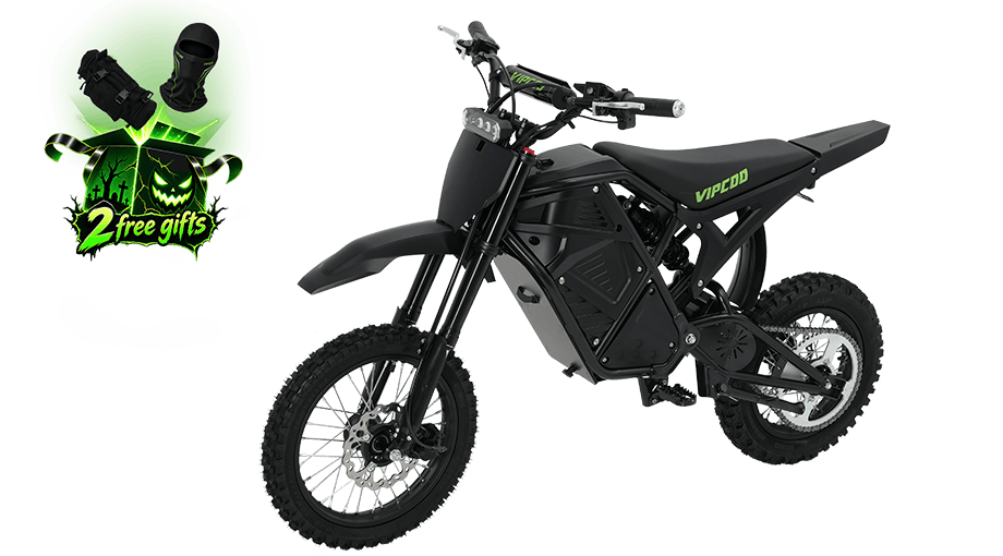 Complete VIPCOO H3 electric dirt bike, three-quarter view