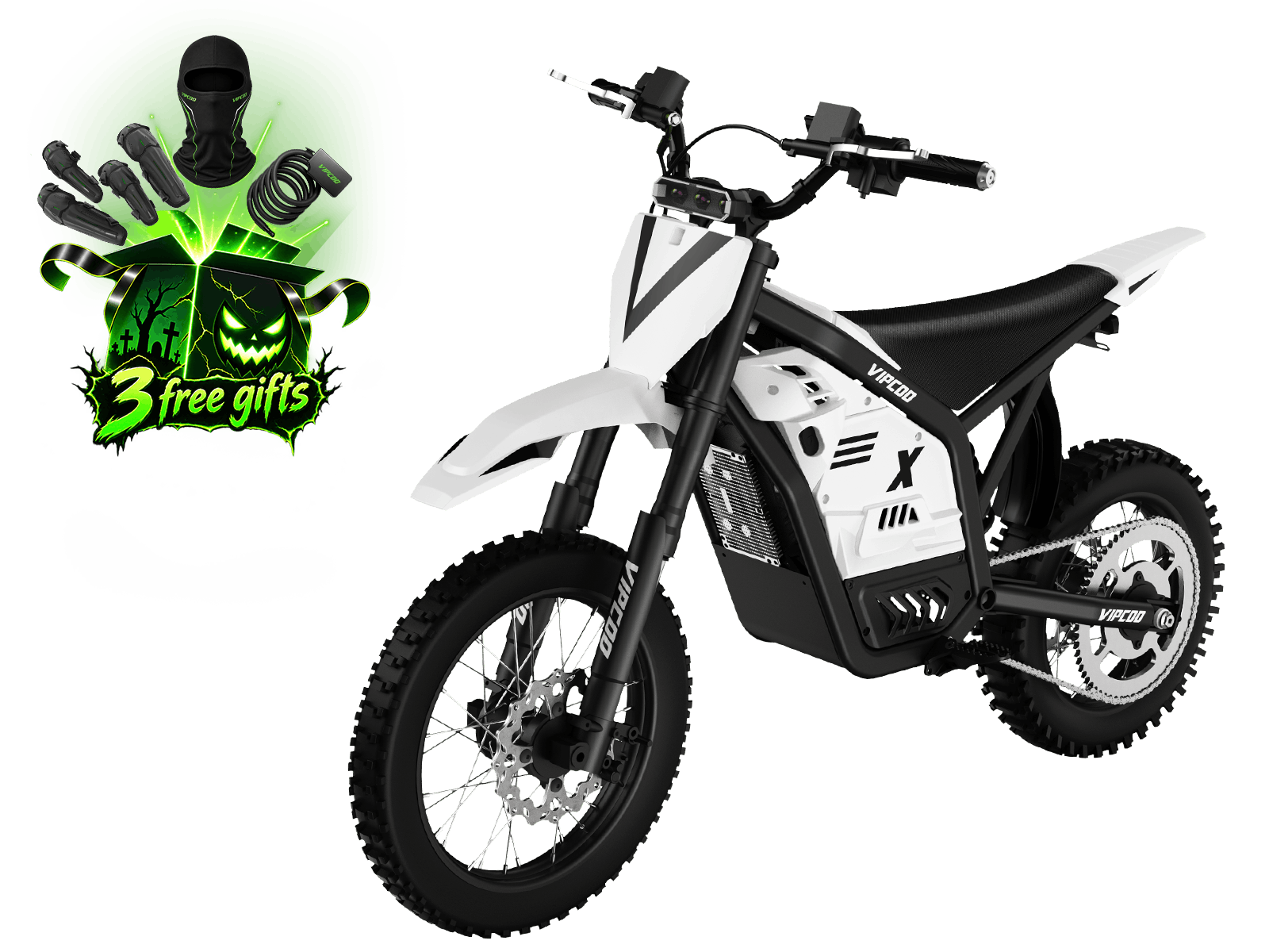 Complete VIPCOO H2 electric dirt bike, three-quarter view