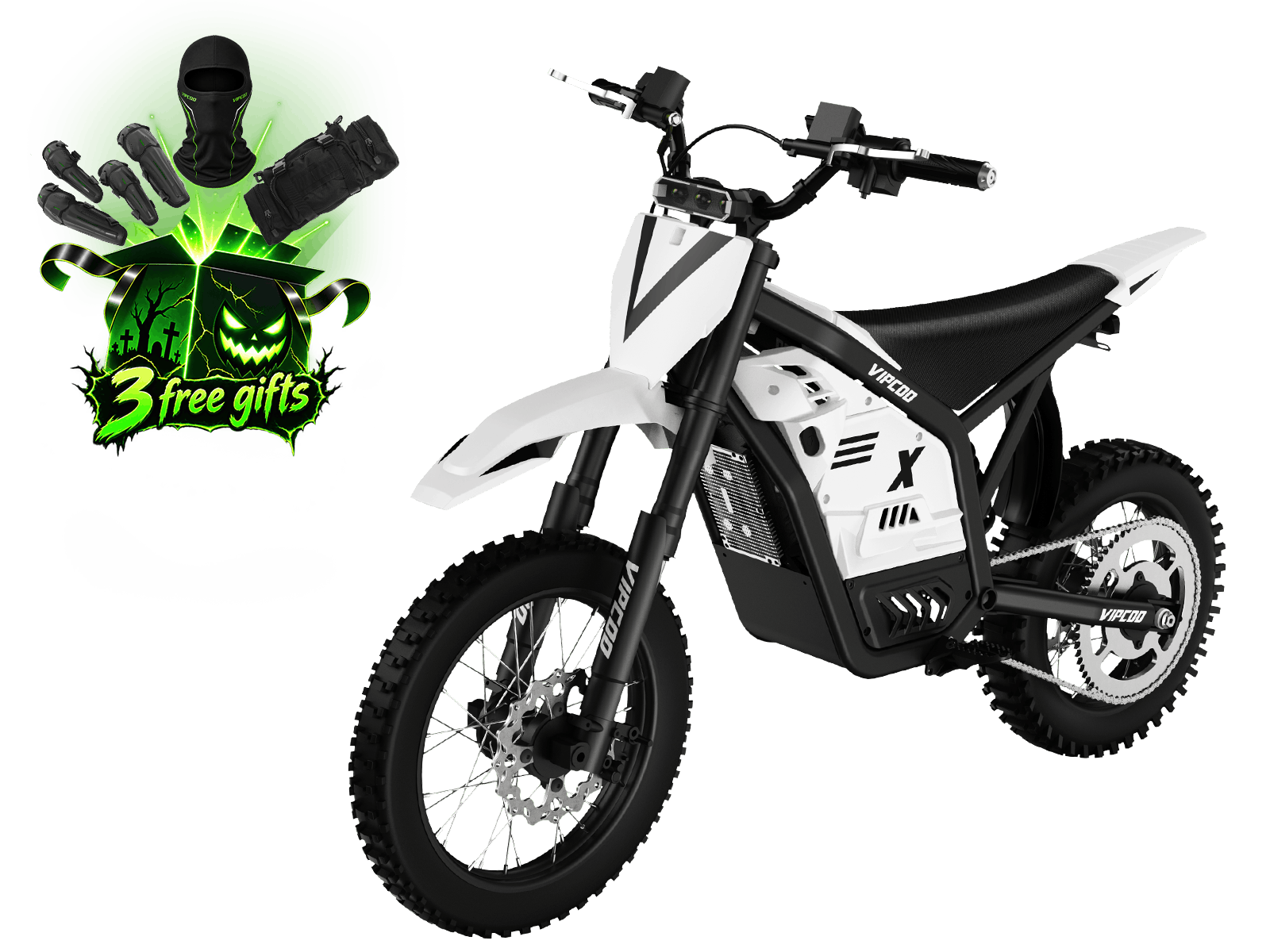 Complete VIPCOO H2 electric dirt bike, three-quarter view