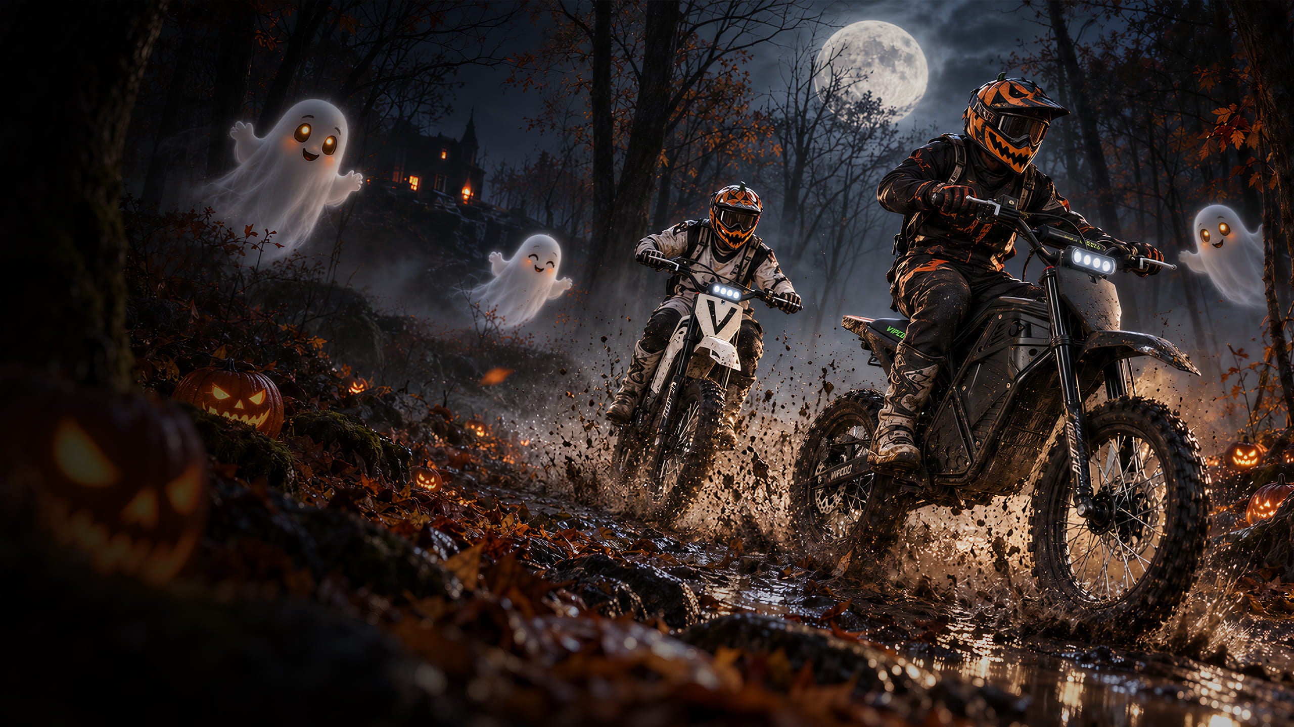 VIPCOO H2 and H3 riders crossing a moonlit Halloween trail in pumpkin-styled helmets