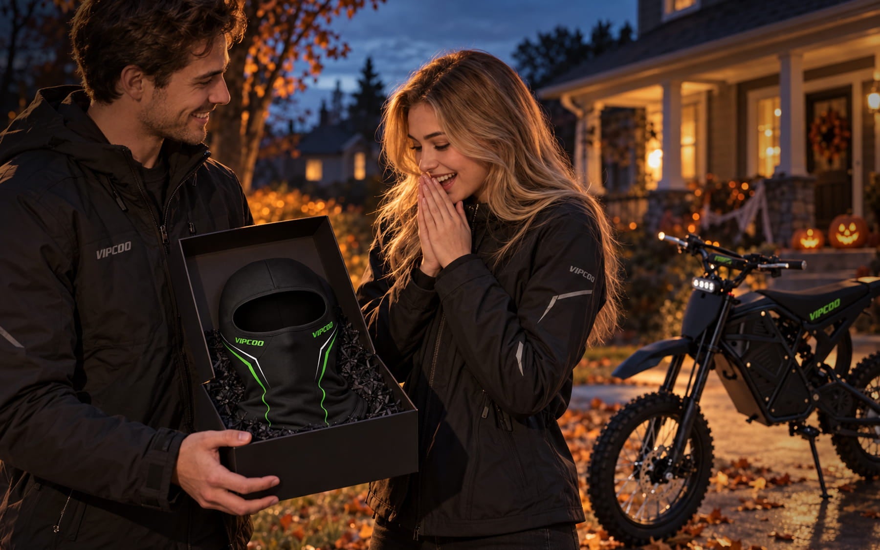 A couple sharing a Halloween moment beside a VIPCOO H3 and riding gear