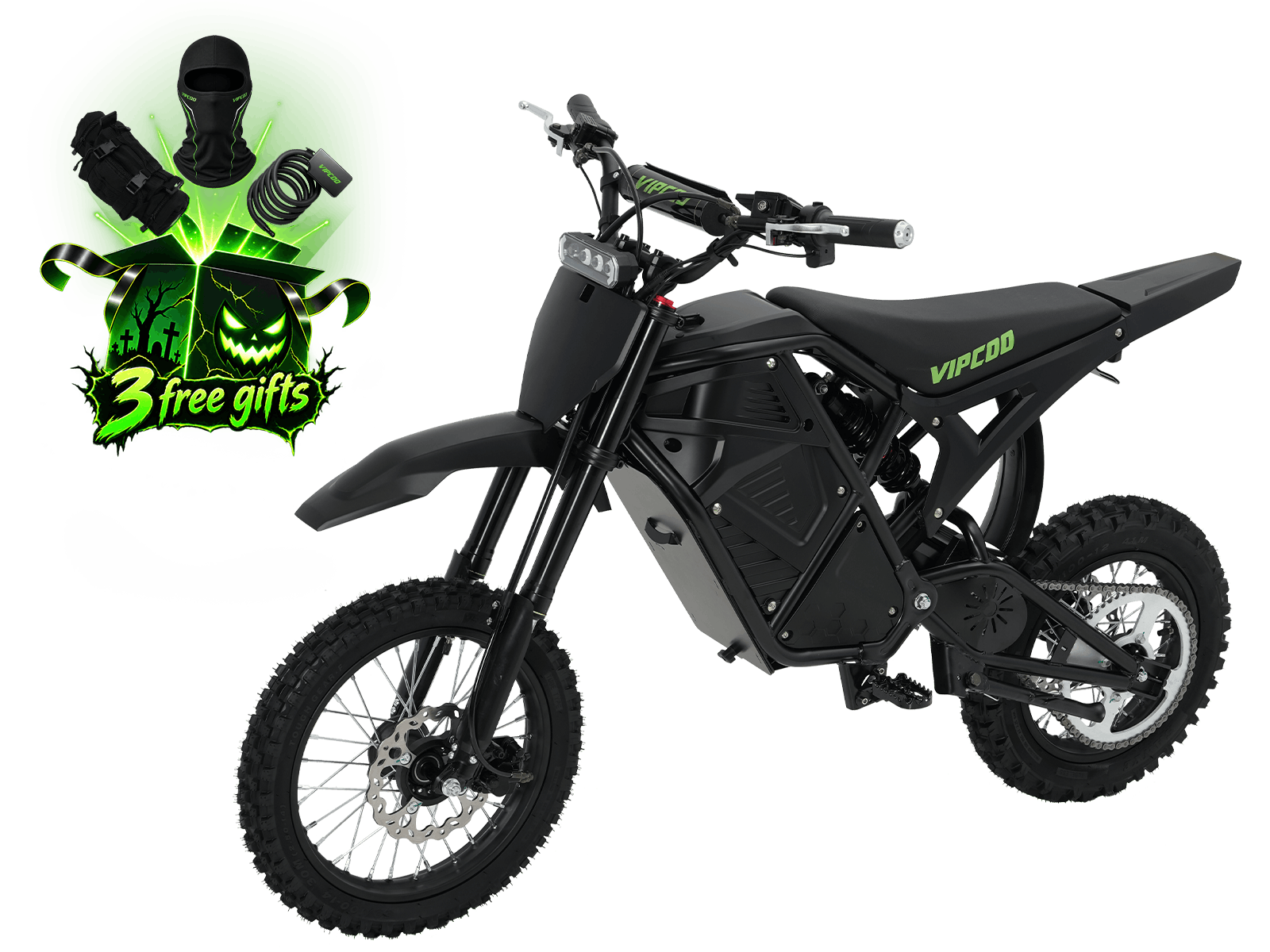 Complete VIPCOO H3 electric dirt bike, three-quarter view
